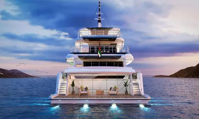Yoto: Stern view of the yacht at dusk with open beach club lounge and glowing underwater lights