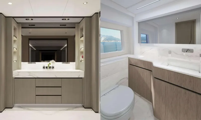 Yoto: Two bathroom views with marble sinks, mirrors, wood cabinets and a toilet by a window