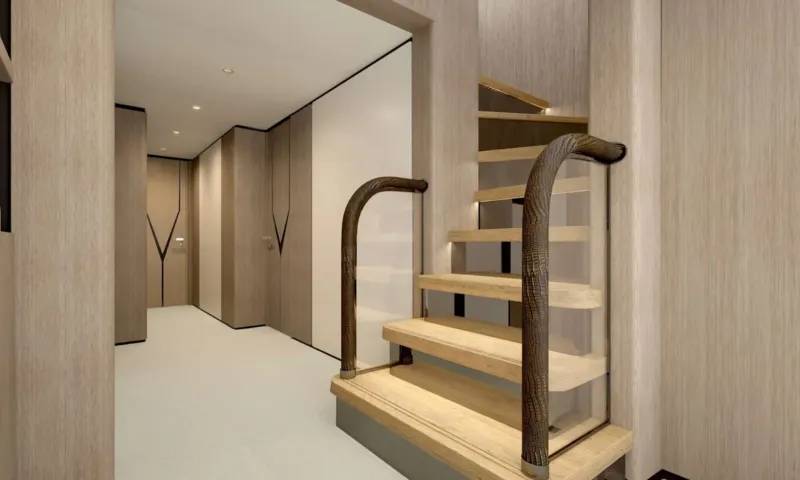 Yoto: Lower corridor with wooden staircase, curved handrails and cabin doors