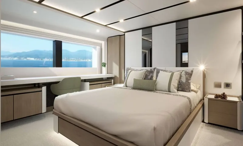 Yoto: Double cabin with desk under a long window overlooking sea and hills
