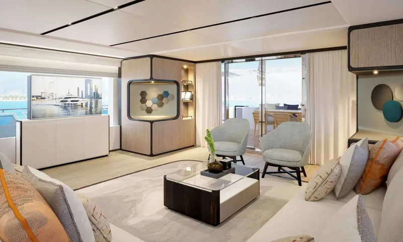 Yoto: Lounge with sofas, two armchairs, television and glass doors opening to outdoor dining