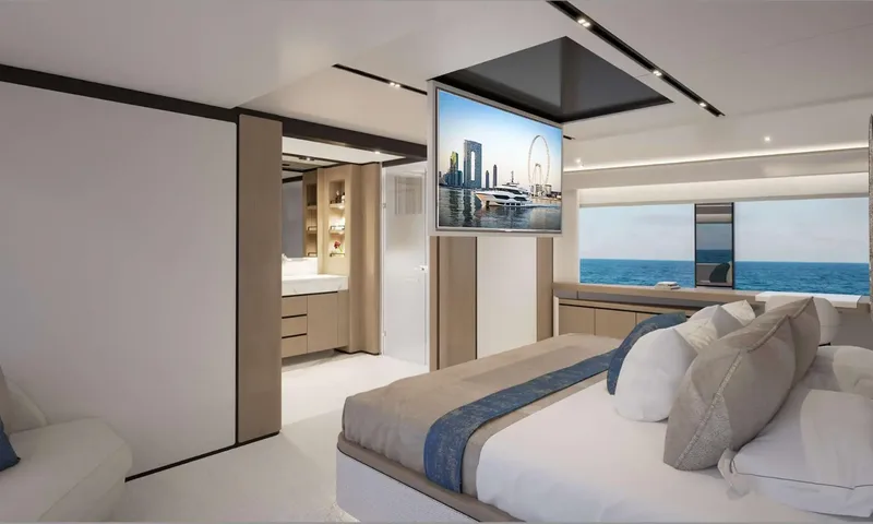 Yoto: Cabin with double bed, drop down television and view into an ensuite vanity