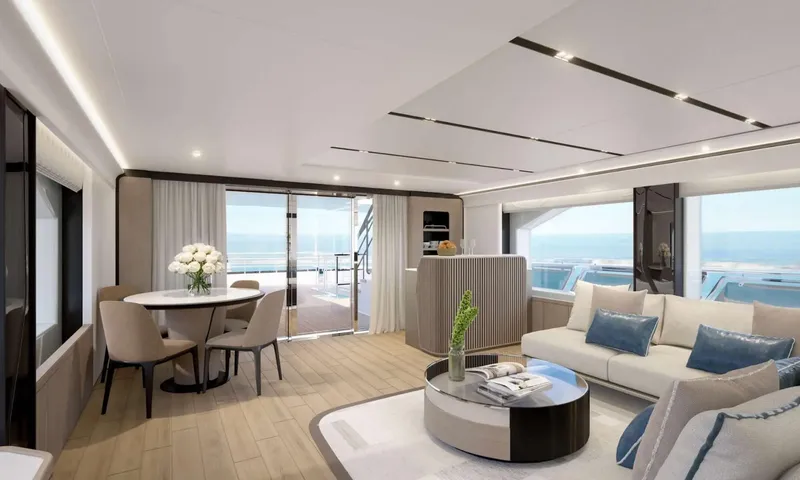 Yoto: Upper lounge with sofa, round coffee table, small dining table and bar by glass doors