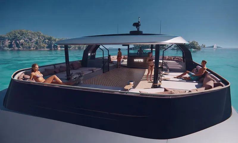 HYP3: Upper deck with curved lounge seating, bar and hardtop, guests sunbathing near an island