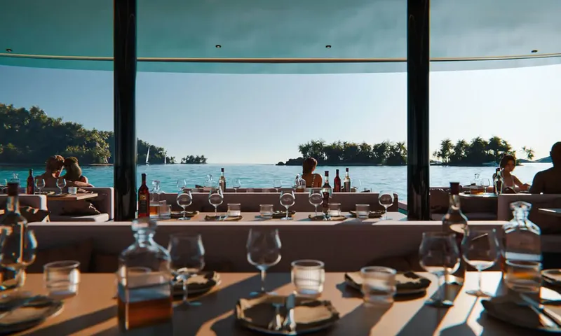 HYP3: Set dining table with glasses and bottles overlooking lounging guests and a tropical sea view