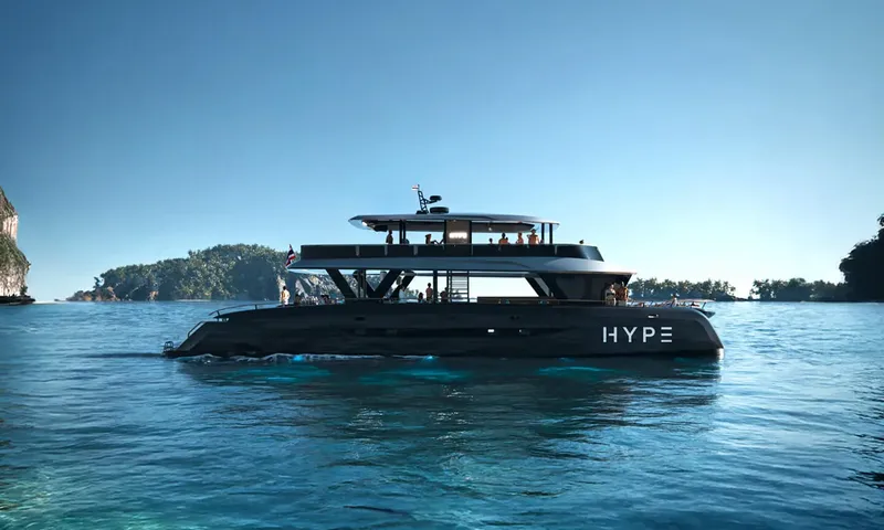 HYP3: Side profile of dark power catamaran on calm blue water beside forested islands