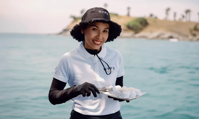 HYP3: Smiling crew member in bucket hat serving dumplings from a plate with tongs by the sea