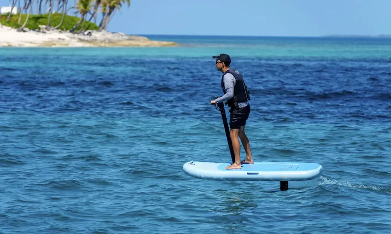Louder: Person riding an electric hydrofoil board across blue water near a palm fringed shore