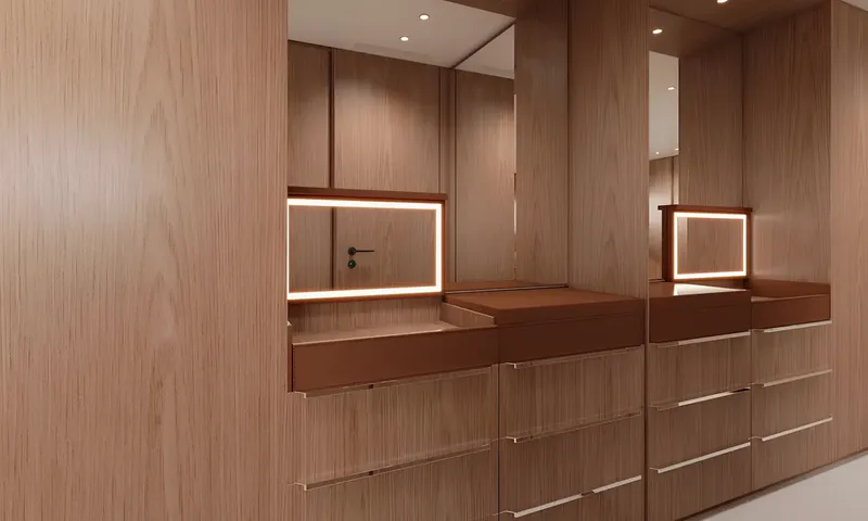 Aitana: Wooden dressing area with drawers and illuminated framed mirrors