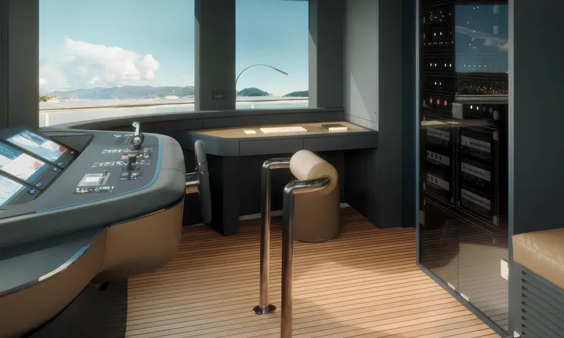Aitana: Wheelhouse with helm console, screens, pilot seat and wide windows over the coast