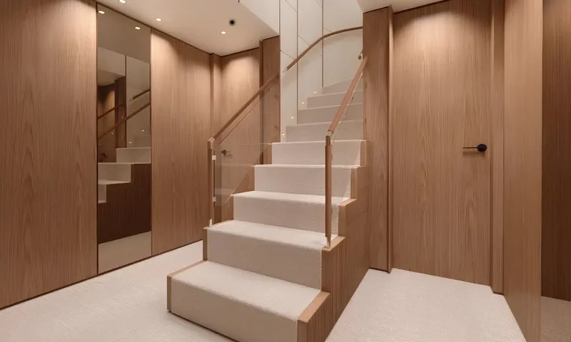 Aitana: Carpeted staircase with glass and wood handrail between wood panelled walls