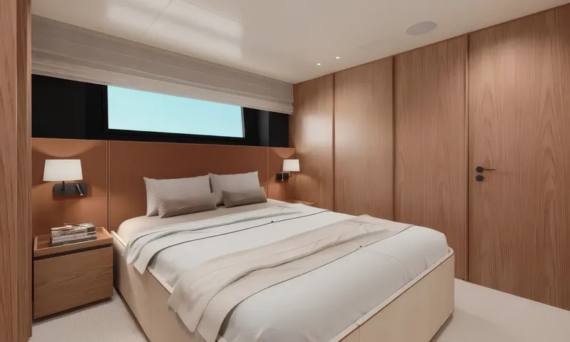 Aitana: Guest cabin with double bed, wood panelling, bedside lamps and a narrow window