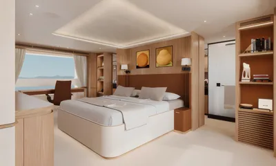 Aitana: Spacious cabin with double bed, wood headboard, desk by a large window and shelving