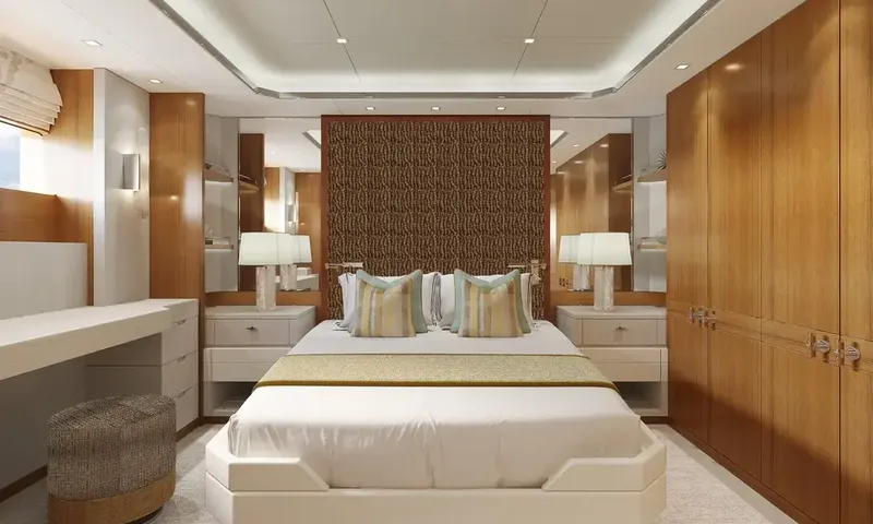 Lumière: Double cabin with textured headboard, bedside lamps, vanity and wooden wardrobes