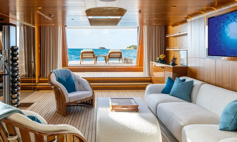 Amor à Vida: Wood lounge with sofa, armchairs and dumbbells opening onto a sea level terrace with loungers