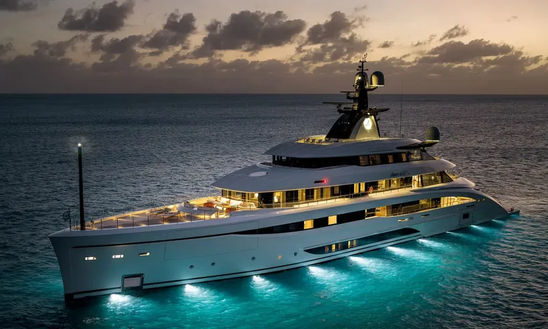 Amor à Vida: Yacht at dusk with cabin lights on and blue lights glowing under the waterline
