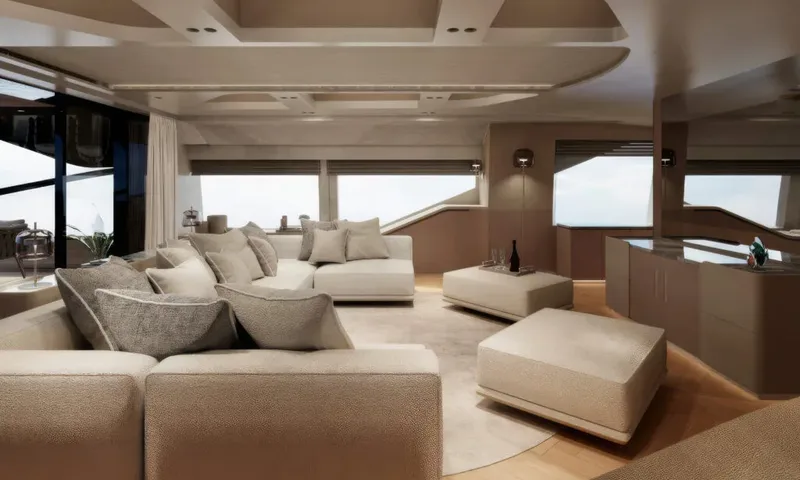 Betsy: Lounge with beige sofas, ottomans and wide windows on both sides