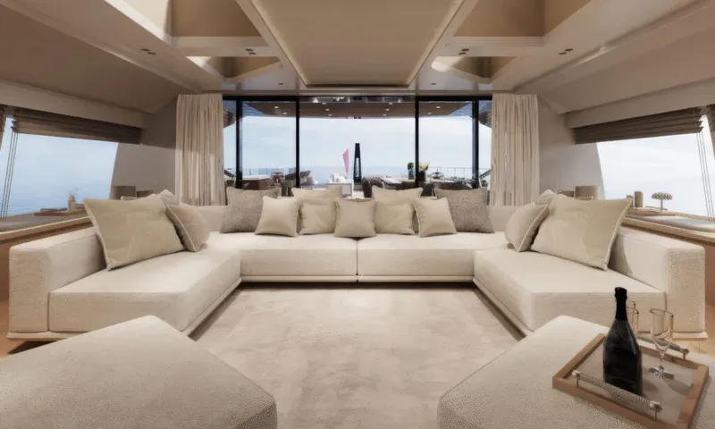 Betsy: Symmetrical lounge with long cream sofa and glass doors to the deck and sea