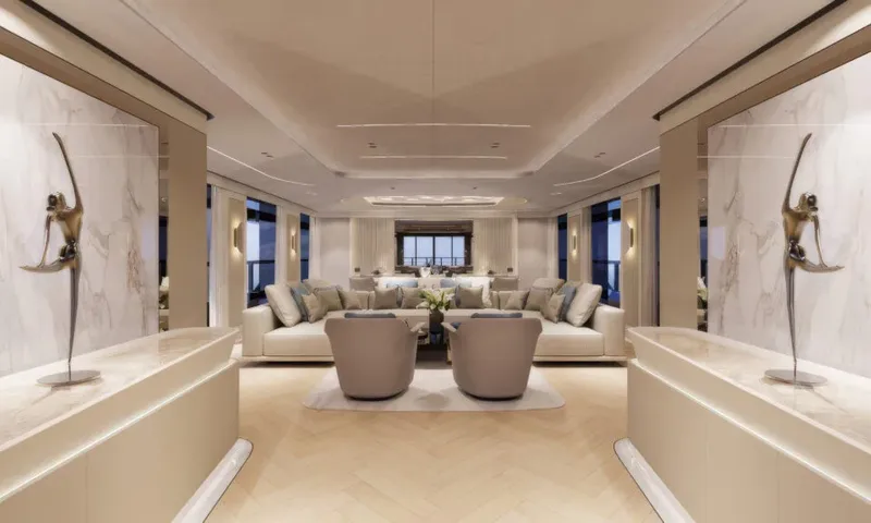 Betsy: Saloon entrance flanked by marble walls and sculptures, leading to sofas and armchairs