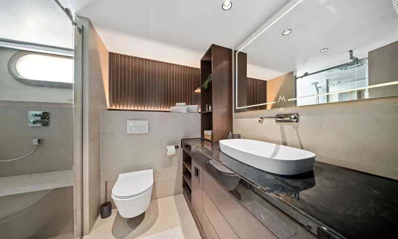 Anima Maris: Ensuite with vessel sink on dark stone counter, wall toilet and glass shower