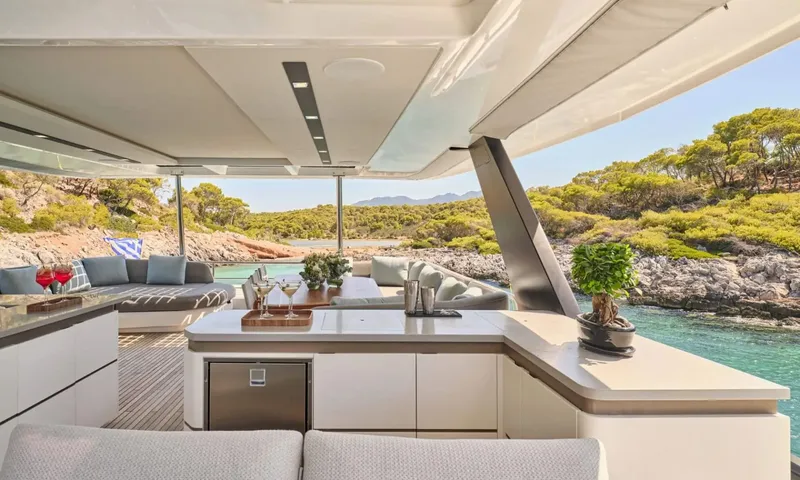 Alina: Top deck bar counter with fridge and drinks, lounge seating and a green cove beyond