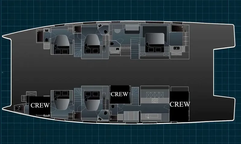 Alina: Lower deck floor plan of a catamaran showing cabins in both hulls and crew areas