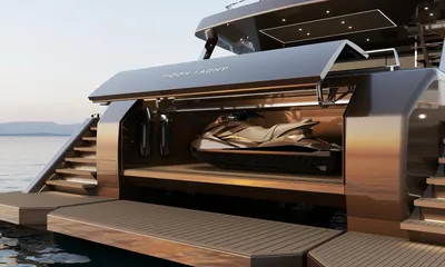 Meltemi: Open stern garage holding a jet ski and two underwater scooters above a teak platform