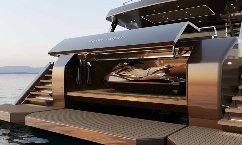 Meltemi: Open stern garage holding a jet ski and two underwater scooters above a teak platform
