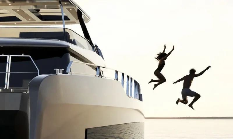 Meltemi: Two people jumping from the bow of the catamaran into the sea
