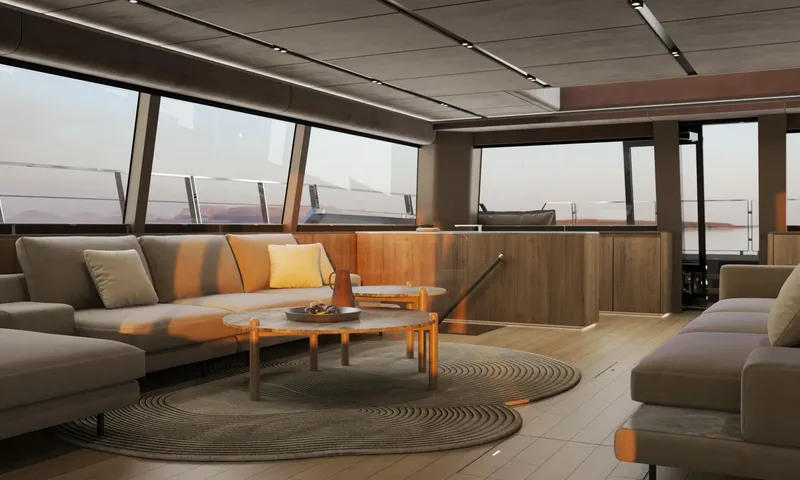 Meltemi: Bright lounge with grey sofas, round coffee tables, a rug and wide panoramic windows