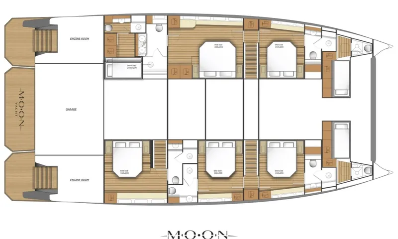 Meltemi: Lower deck floor plan showing cabins, bathrooms, engine rooms and central garage