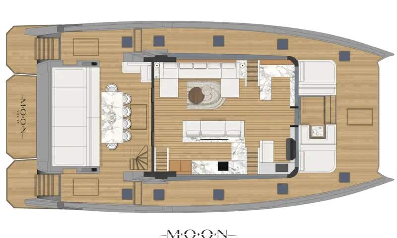 Meltemi: Main deck floor plan with saloon, galley, aft dining table and foredeck lounges