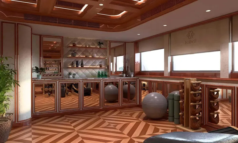 Isabell Princess of the Sea: Rendering of a wellness room with exercise balls, yoga mats and a weight rack