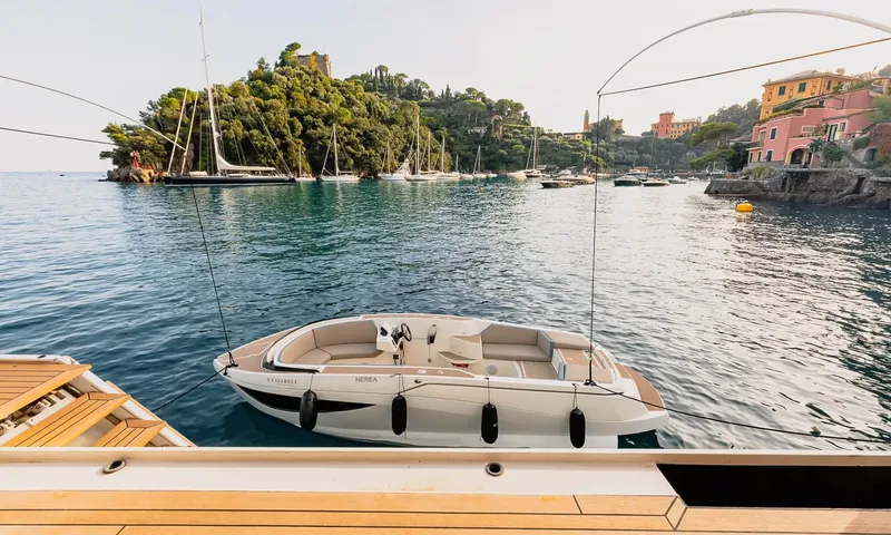 Isabell Princess of the Sea: Open tender moored beside the yacht in a bay with sailboats and coastal houses
