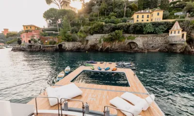 Isabell Princess of the Sea: Floating sea pool with paddleboards and water toys beside the yacht stern near a coast