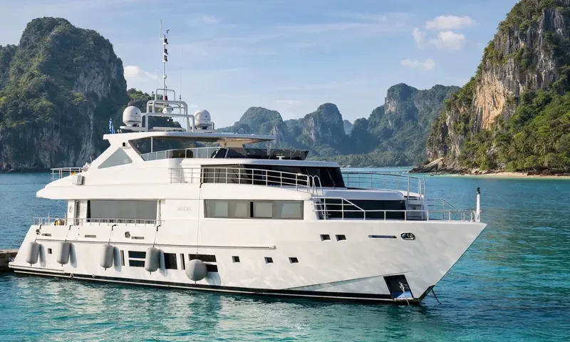 Indiana: White motor yacht moored in turquoise water beside steep limestone islands