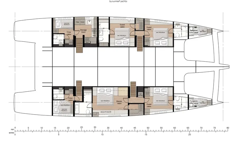 Hu-Lysse: Floor plan of the hulls showing master, guest and crew cabins with scale bar