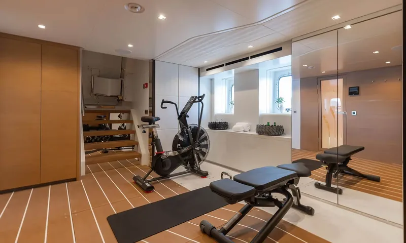 Orion: Gym room with exercise bike, weight bench, dumbbells and mirrored wall